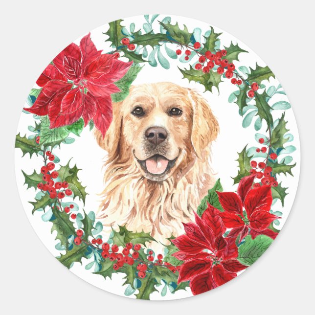 Sticker Rond Golden Retriever Poinsettia Holly Christmas Wreath (Devant)