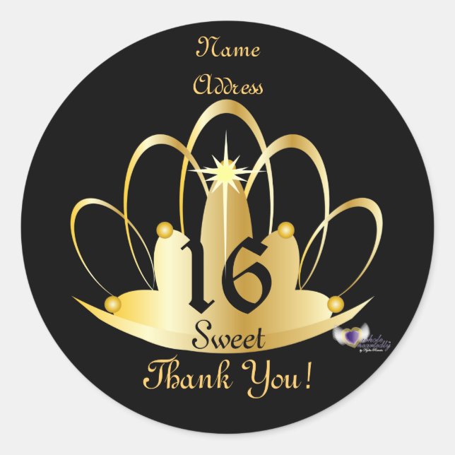 Sticker Rond Golden Tiara Sweet, 16 Personnalisers-autocollants (Devant)