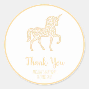 Sticker Rond Golden Unicorn anniversaire Merci Propre texte