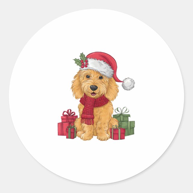 Sticker Rond Goldendoodle chien vêtements de Noël Santa Hat Chi (Devant)