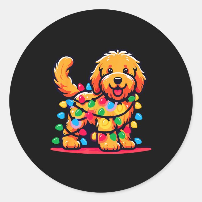 Sticker Rond Goldendoodle Christmas Tree Xmas Lights Golden Doo (Devant)