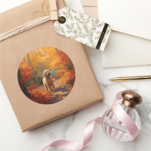 Sticker Rond Goldendoodle dans les feuilles d'automne qui tombe