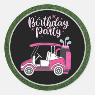 Sticker Rond Golf Anniversaire fête avec panier rose pour femme