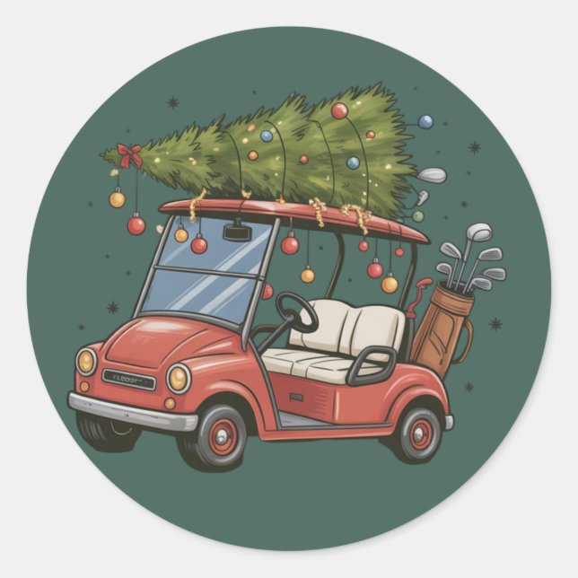 Sticker Rond Golf Cart Christmas Tree Golf Lover Gift (Devant)