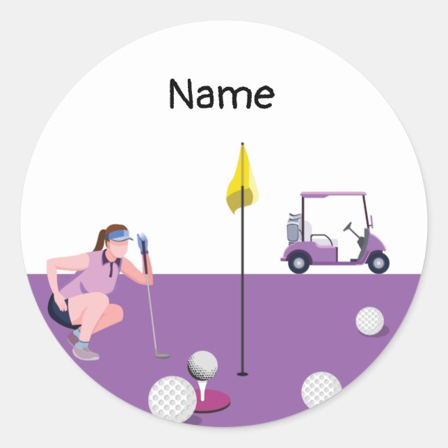 Sticker Rond Golf Femme avec panier et boule Thème pourpre (Devant)