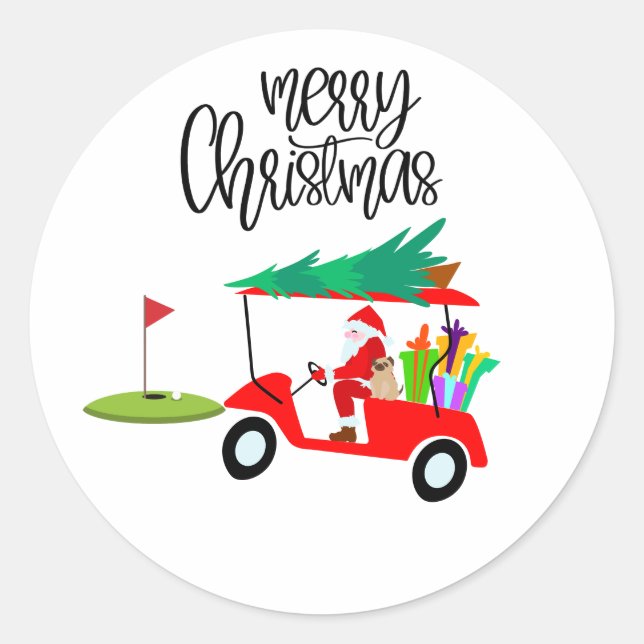 Sticker Rond Golf Joyeux Noël avec le Père Noël au drapeau (Devant)