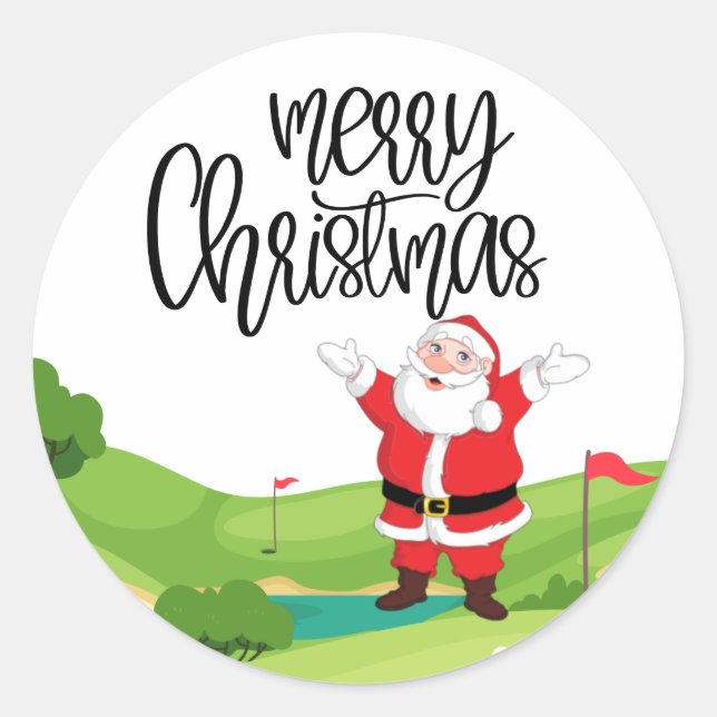 Sticker Rond Golf Joyeux Noël avec le Père Noël au drapeau (Devant)