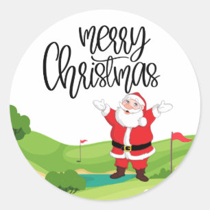 Sticker Rond Golf Joyeux Noël avec le Père Noël au drapeau