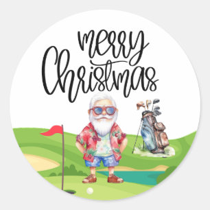 Sticker Rond Golf Noël d'été avec le Père Noël au drapeau