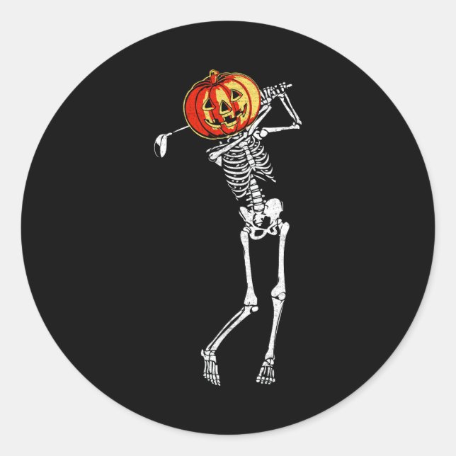 Sticker Rond Golf Squelette Citrouille Halloween Costume Golfer (Devant)