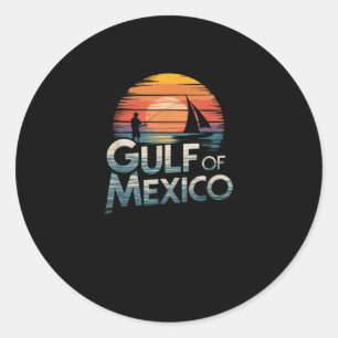Sticker Rond Golfe du Mexique Retro Sunset Pêche &amp; Bateau 