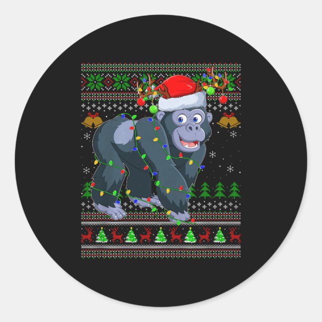 Sticker Rond Gorilla Ugly Christmas Sweaters Holiday Santa Cute (Devant)