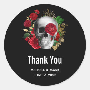 Sticker Rond Goth Crâne avec Fleurs rouges Mariage Merci