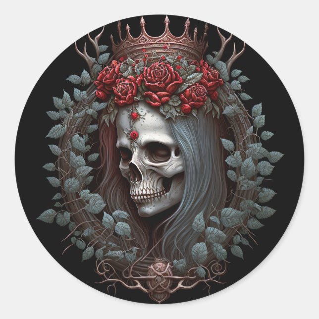 Sticker Rond Goth Crâne Rose Couronne gothique (Devant)