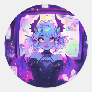 Sticker Rond Gothique Cyberpunk Demon Imaginaire Anime Girl