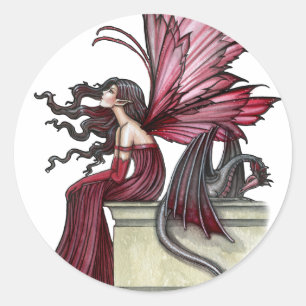 Sticker Rond Gothique Rouge Rubis Sans Repos Fée et Dragon