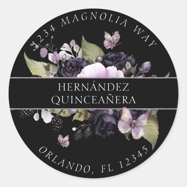 Sticker Rond Gothique violet et noir Moody Florals Quinceañera (Devant)
