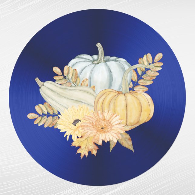 Sticker Rond Gourdes Bleues citrouilles Fleurs Thanksgiving (Créateur téléchargé)
