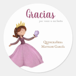 Sticker Rond Gracias Quinceanera Girl avec couronne et papillon