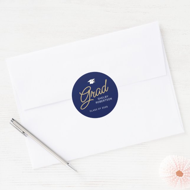 Sticker Rond Grad Moderne Script Marine Bleu Graduation (Enveloppe)