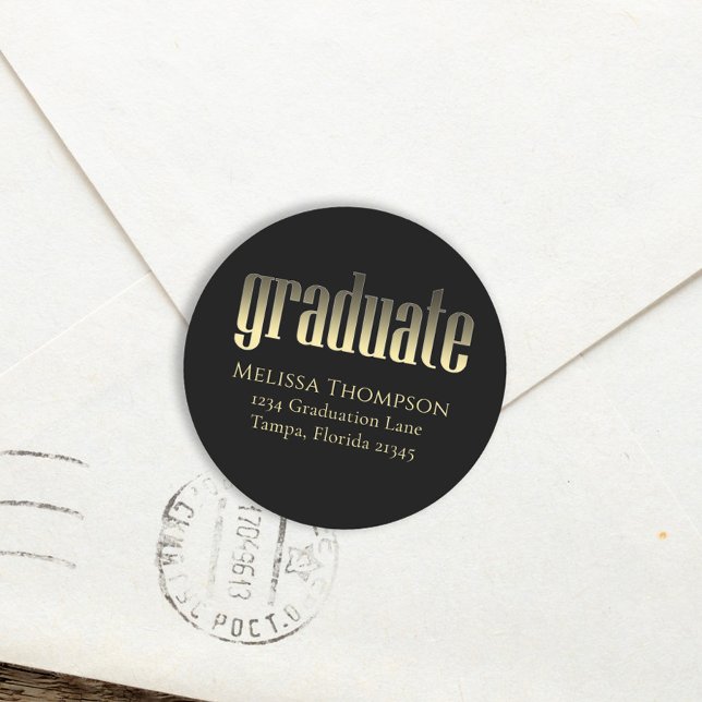 Sticker Rond Graduate Gold Black Adresse de retour simple (Créateur téléchargé)