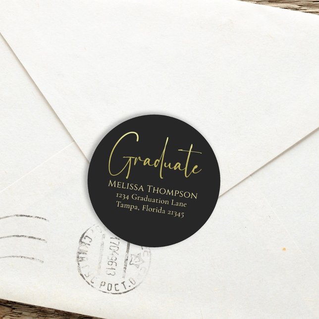 Sticker Rond Graduate Gold Black Calligraphy Adresse de retour (Créateur téléchargé)