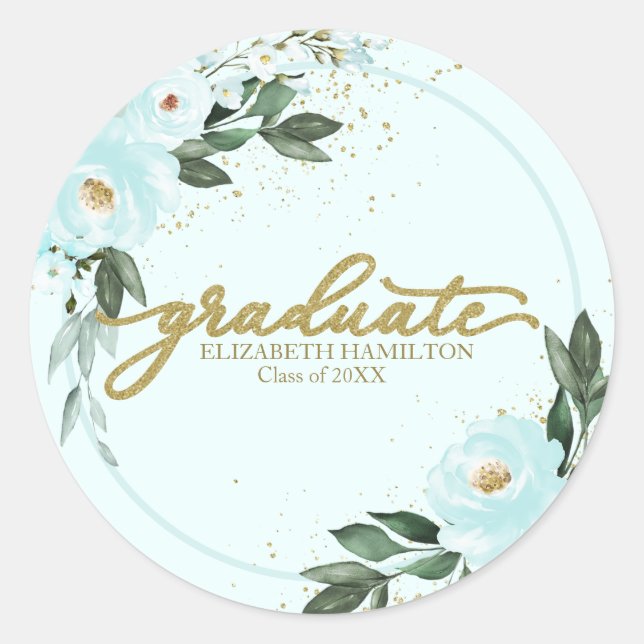 Sticker Rond Graduate Gold Turquoise Floral Graduation Party (Devant)