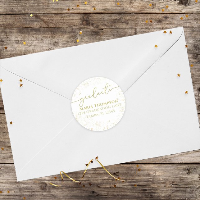 Sticker Rond Graduate Simple Gold Calligraphy Adresse de retour (Créateur téléchargé)
