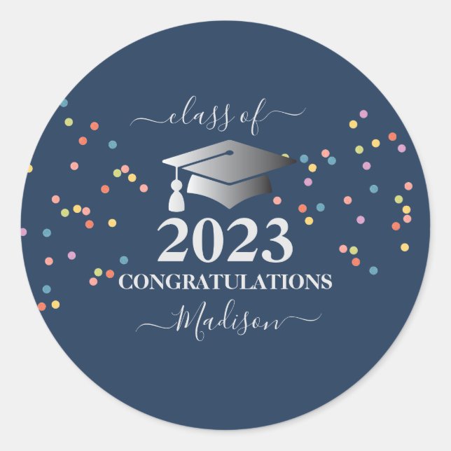 Sticker Rond Graduation 2023 Royal Blue Confetti Argent initial (Devant)