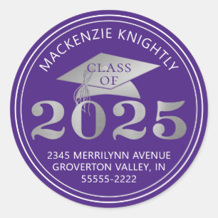 Sticker Rond Graduation 2024 Purple Faux Argent Adresse de reto