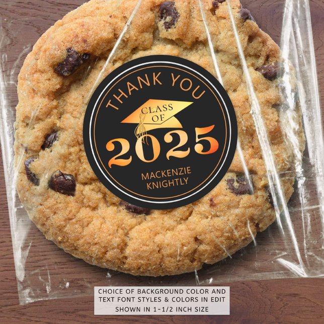 Sticker Rond Graduation 2025 Merci Black Faux Orange Foil (Créateur téléchargé)
