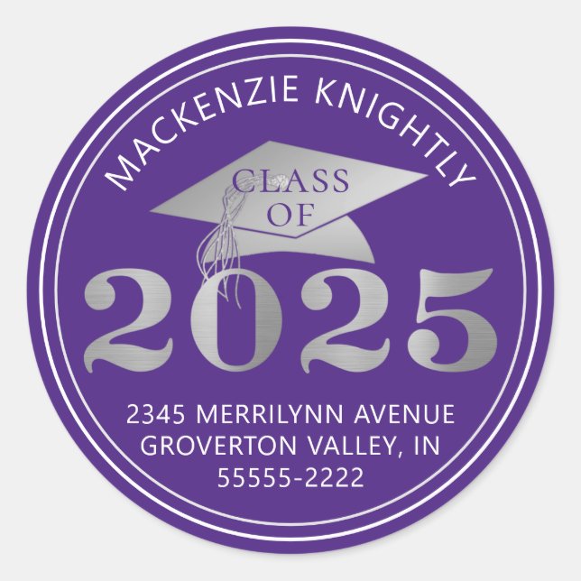 Sticker Rond Graduation 2025 Purple Faux Argent Adresse de reto (Devant)