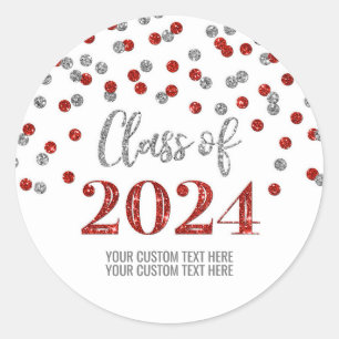 Sticker Rond Graduation Argent Rouge Confetti 2024