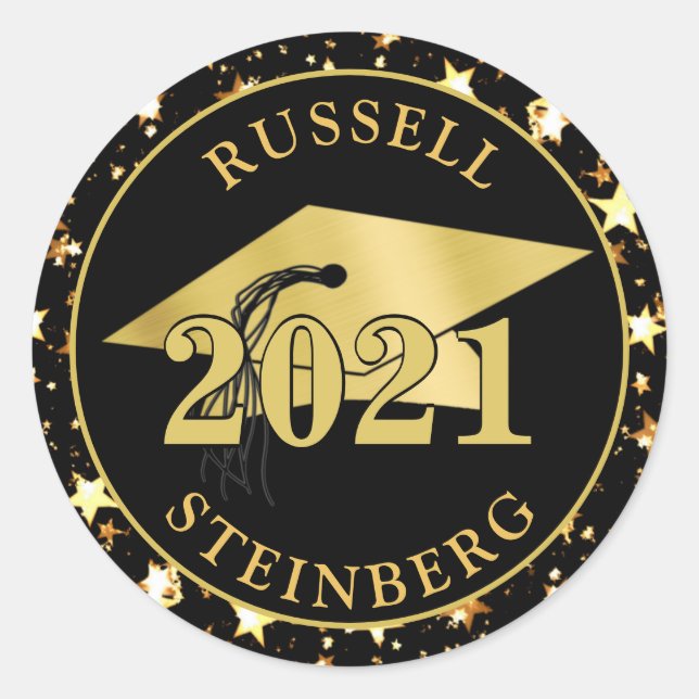 Sticker Rond Graduation Black Gold Stars Nom Année (Devant)