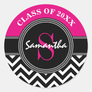 Sticker Rond Graduation Chevron Monogramme rose et noir chaud