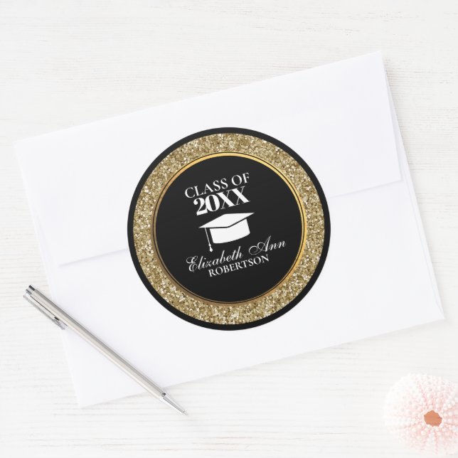 Sticker Rond Graduation Classy Black et Gold Glittery (Enveloppe)