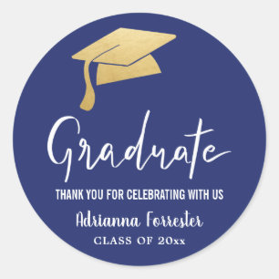 Sticker Rond Graduation Hat Faux Gold Foil Merci Navy Blue