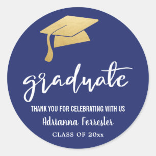 Sticker Rond Graduation Hat Faux Gold Foil Merci Navy Blue