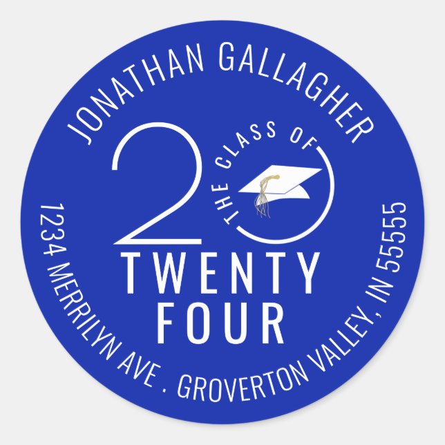Sticker Rond Graduation moderne Royal Blue Année Retour Adresse (Devant)