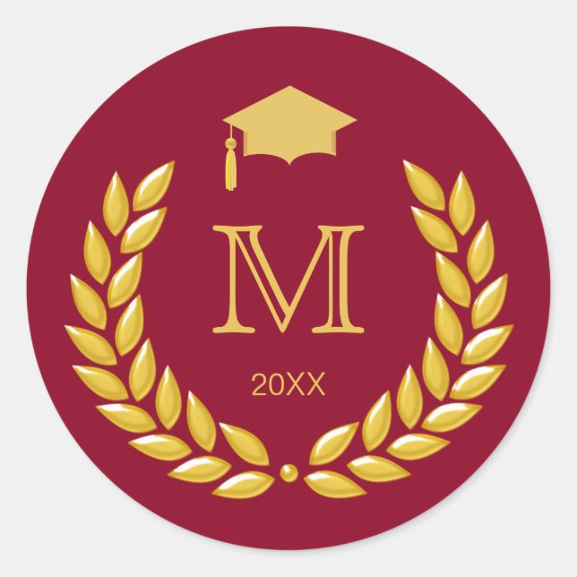 Sticker Rond Graduation Monogram Gold Laurel sur Maroon (Devant)