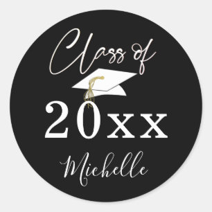 Sticker Rond Graduation Noir Blanc Script Classe Nom de l'année