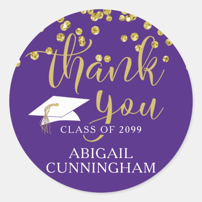 Sticker Rond Graduation Purple Gold Confetti Script MERCI (Devant)