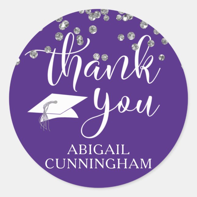 Sticker Rond Graduation Purple Silver Confetti Script MERCI (Devant)