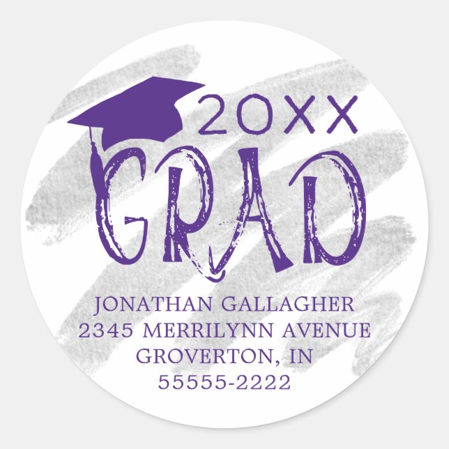 Sticker Rond Graduation Purple Silver Grad Adresse de retour (Devant)