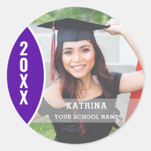 Sticker Rond Graduation violette et blanche Photo personnalisée