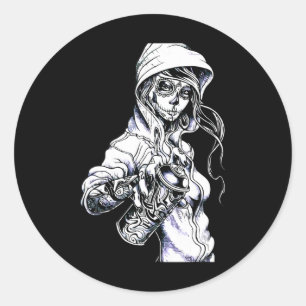 Sticker Rond Graffiti Tag Skeleton Ghetto Girl