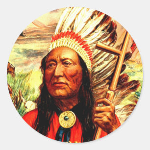 Sticker Rond "Grand chef" Chef de guerrier indien & pipe de pai