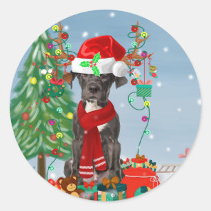 Sticker Rond Grand chien Danois avec cadeaux de Noël