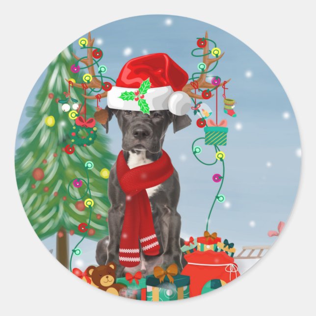 Sticker Rond Grand chien Danois avec cadeaux de Noël (Devant)