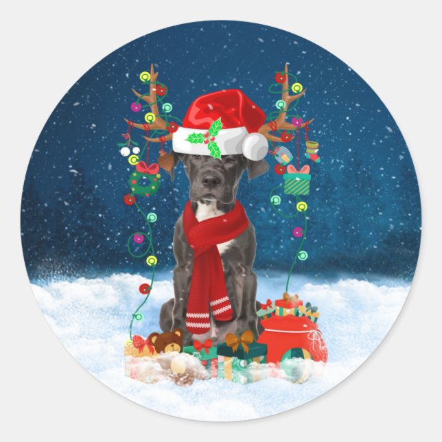 Sticker Rond Grand chien Danois avec cadeaux de Noël Jeter (Devant)